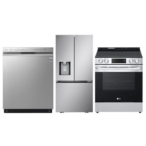 LG 33" 20.2 Cu. Ft. French Door Refrigerator; Electric Air Fry Range; Dishwasher - Stainless Steel