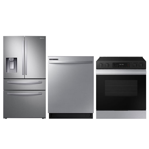 Samsung 36" 28 Cu. Ft. French Door Refrigerator; Electric Range; Dishwasher - Stainless Steel