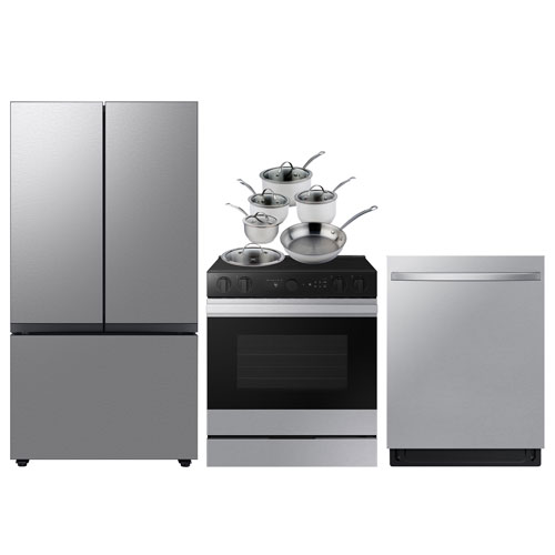 Samsung BESPOKE 36" 3-Door French Door Refrigerator; Electric Range; Dishwasher; Cookware Set - Stainless