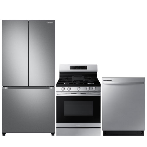 Samsung 33" 17.5 Cu. Ft. Counter-Depth French Door Refrigerator; Gas Air Fry Range; Dishwasher - Stainless