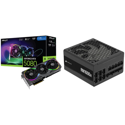 PNY NVIDIA GeForce RTX 5080 16GB GDDR7 Video Card & Corsair RMx 1000-Watt ATX Fully Modular Power Supply