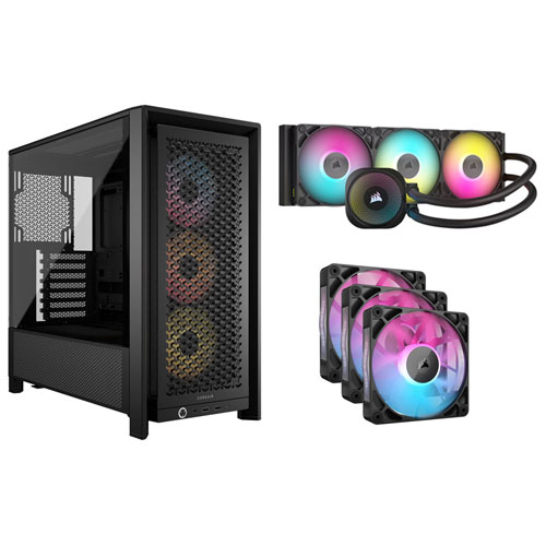 Corsair Frame ARGB Mid-Tower ATX Computer Case with 360mm Liquid CPU Cooling System & 3-Pack Case Fans