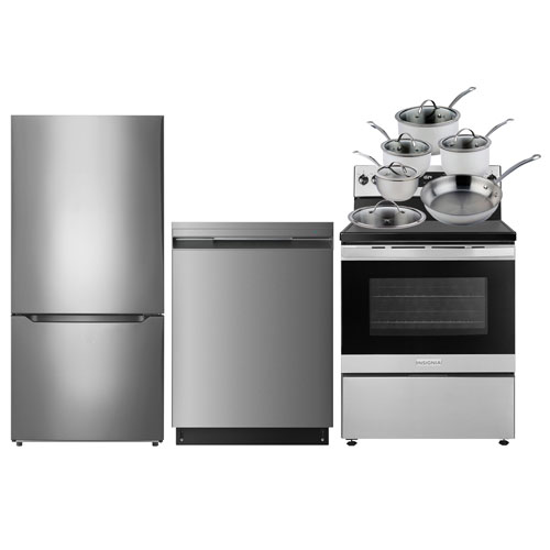 Insignia 30" 18.6 Cu. Ft. Bottom Freezer Refrigerator; Electric Range; Dishwasher; Cookware Set - Stainless