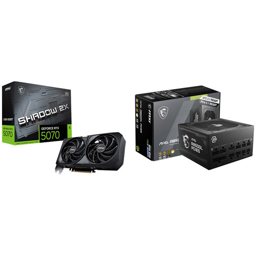 Carte graphique GeForce RTX 5070 Shadow 2X OC GDDR7 12 Go de MSI et bloc d'alimentation entièrement modulaire MAG A850GL de 850 W