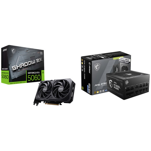 Carte graphique GeForce RTX 5060 Shadow 2X OC GDDR7 de 8 Go de MSI et bloc d'alimentation entièrement modulaire MAG A750GL de 750 W