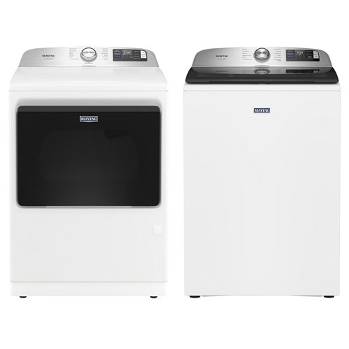 Laveuse à chargement par le haut HE 6 pi³ et sécheuse à gaz à vapeur 7,4 pi³ Pet Pro de Maytag - Blanc