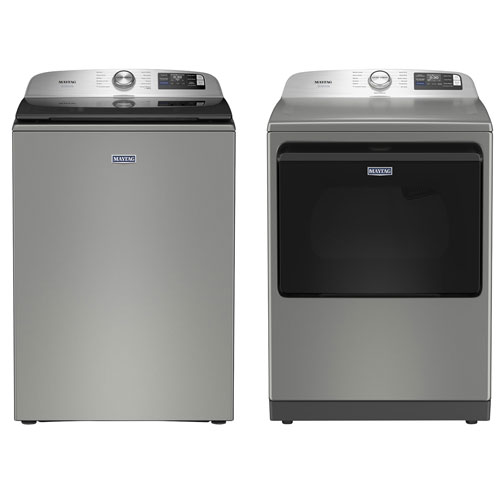 Maytag 6.0 Cu. Ft. High Efficiency Top Load Washer & Pet Pro 7.4 Cu. Ft. Electric Steam Dryer - Radiant Silver
