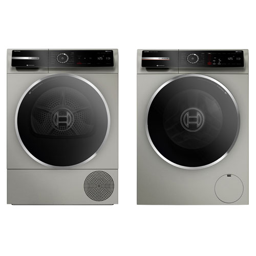 Bosch 800 Series 2.4 Cu Ft High Efficiency Compact Front Load Washer & 4 Cu Ft Heat Pump Electric Dryer - Pearl Steel