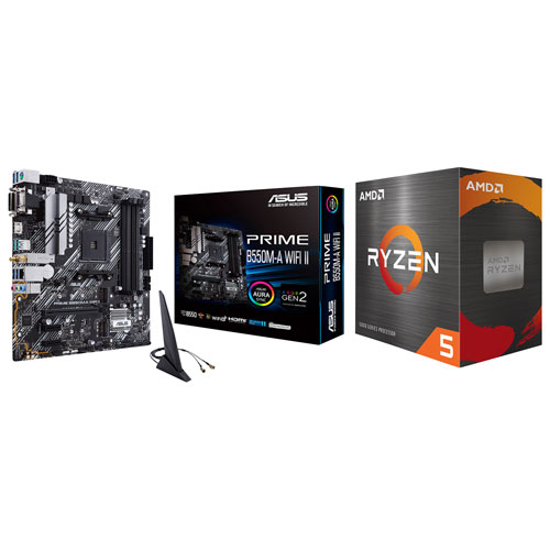 Carte mère Prime B550M-A Wi-Fi II Micro-ATX AM4 d'ASUS avec processeur hexacoeur AM4 3,6 GHz Ryzen 5 5500 d'AMD