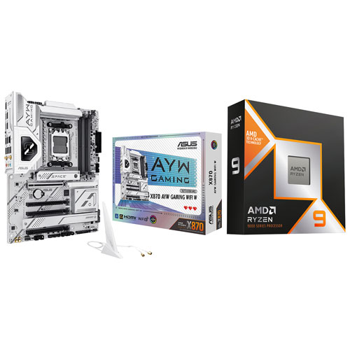 Processeur 16 coeurs 5,7 GHz Ryzen 9 9950X3D AM5 d'AMD et carte mère X870 AYW Gaming Wi-Fi 6 AM5 DDR5 d'ASUS