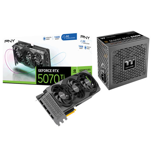 Carte graphique GeForce RTX 5070 Ti OC GDDR7 de 16 Go de PNY à trois ventilateurs avec bloc d'alimentation semi-modulaire ATX 3.1 de 850 W