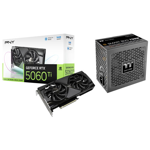 Carte graphique GeForce RTX5060 Ti OC à deux ventilateurs GDDR7 de 16 Go de PNY et bloc d'alimentation semi-modulaire ATX 3.1 de 750 W