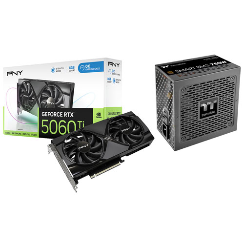 Carte graphique GeForce RTX5060 Ti OC à deux ventilateurs GDDR7 de 8 Go de PNY et bloc d'alimentation semi-modulaire ATX 3.1 de 750 W