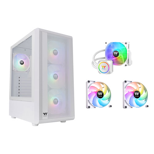 Thermaltake S200TG ARGB Plus Mid-Tower ATX Computer Case w/ ARGB Liquid CPU Cooler & 2-Pack CT120 Case Fans - White