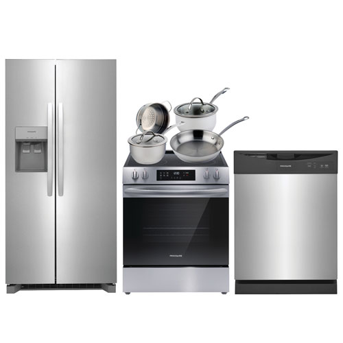 Frigidaire 33" 22.3 Cu. Ft. Side-By-Side Refrigerator; Electric Range; Dishwasher; Cookware Set - Stainless Steel