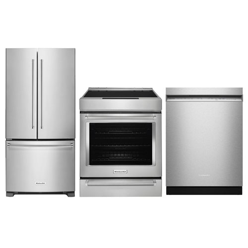 KitchenAid 30" 6.4 Cu Ft True Convection Slide-In Induction Range; French Door Refrigerator; Dishwasher - Stainless Steel