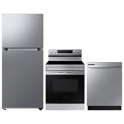 Samsung 30" 17.6 Cu. Ft. Top Freezer Refrigerator; Electric Range; Dishwasher - Stainless Steel