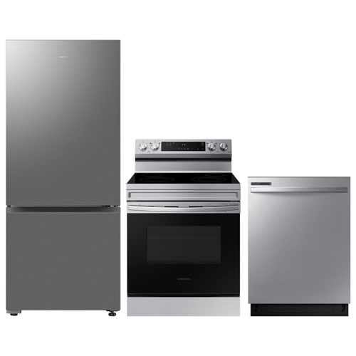 Réfrigérateur à congélateur inférieur 15 pi³ 28 po de Samsung; Cuisinière électrique; Lave-vaisselle - Acier inoxydable