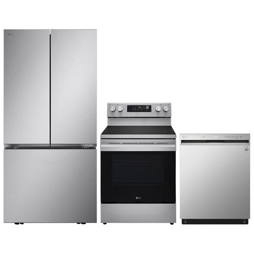 LG 33" 25.1 Cu. Ft. 3-door French Door Refrigerator; Electric Air Fry Range; Dishwasher - Stainless Steel