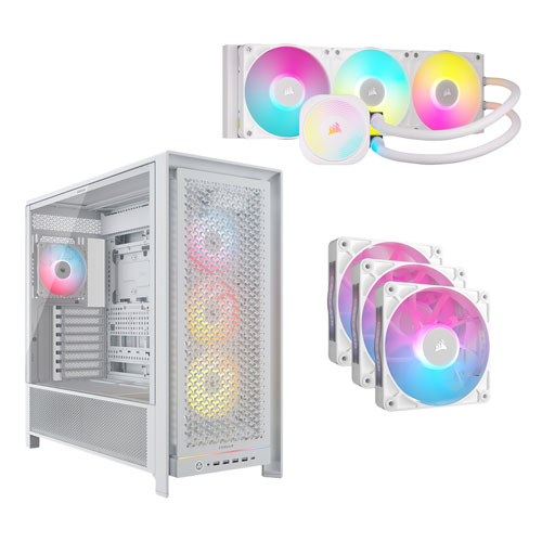 Corsair 5000D ARGB Mid-Tower ATX Computer Case w/ 360mm Liquid CPU Cooling System & 3-Pack 120mm PWM Case Fans -White