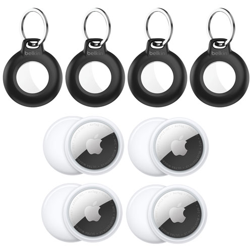 Apple AirTag (2nd generation) Bluetooth Item Tracker & Belkin Waterproof Secure Holder with Key Ring - 4 Pack - White/Black