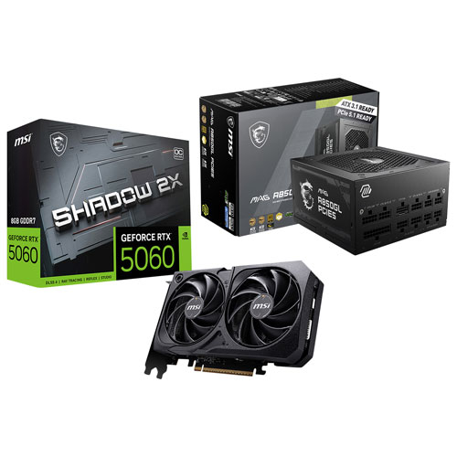 Carte graphique GeForce RTX 5060 Shadow 2X OC GDDR7 8 Go de MSI et bloc d'alimentation ATX 3.0 entièrement modulaire 80 Plus Gold de 850 W
